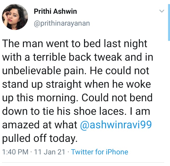 Prithi Ashwin reveals about injury of Ashwin