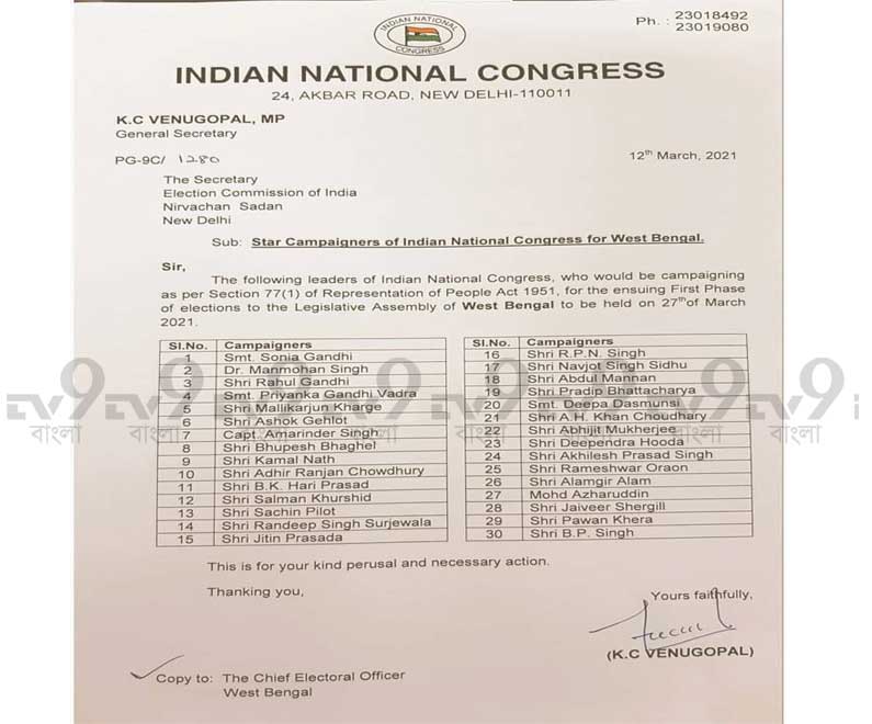 Congress releases list of 30 star-campaigners for Bengal