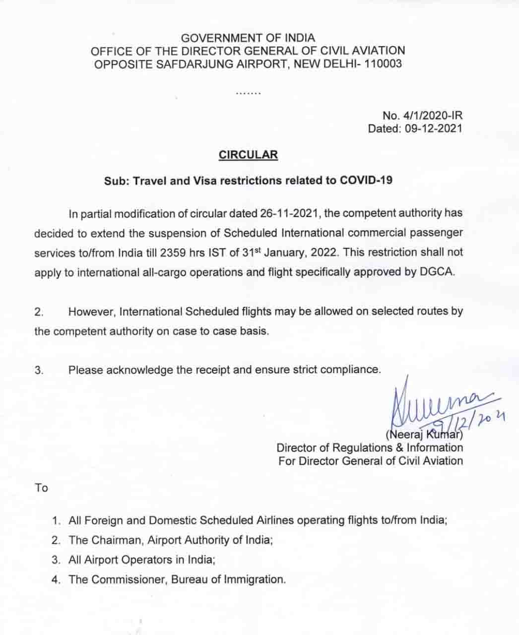 scheduled international commercial flights to remain suspended till jan 31 2022 announces dgca