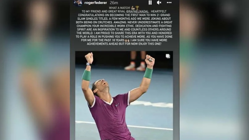 Roger Federer's Heartfelt Message To Rafael Nadal On Record 21st Grand Slam Title