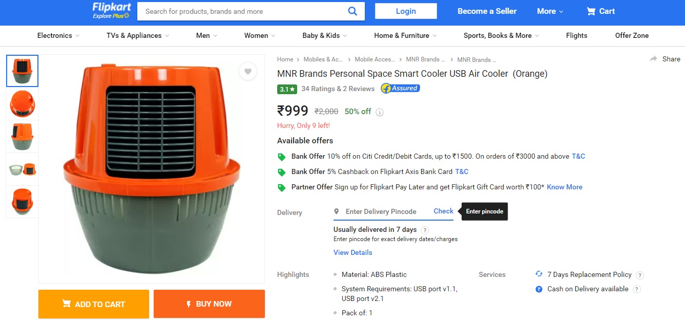 MNR Brands Personal Space Smart Cooler USB Air Cooler (Orange)